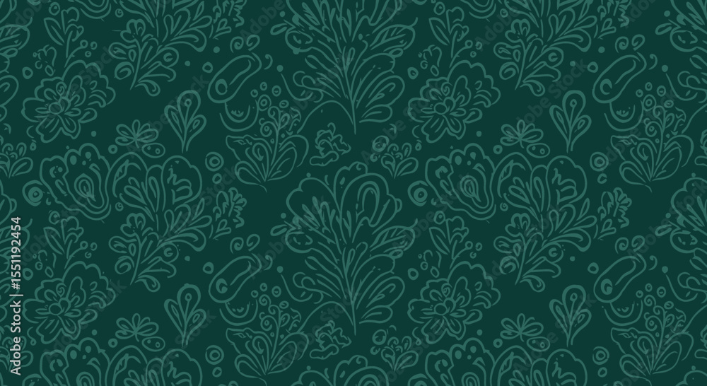 Poster elegant floral pattern in deep green tones with intricate botanical elements