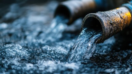 A close-up view of water flowing from rusted pipes, creating a dynamic visual that highlights the beauty and movement of water capturing its natural essence and clarity.