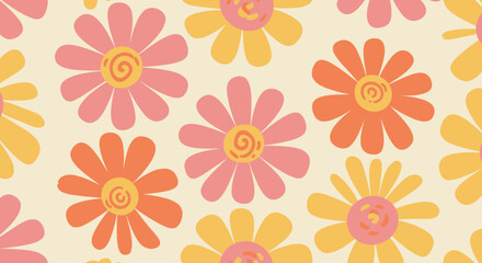 Retro Floral Pattern with Pink Orange and Yellow Flowers on Cream Background