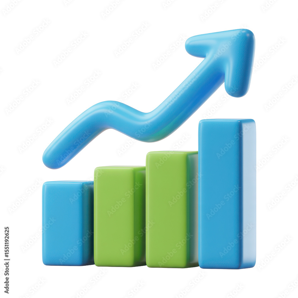 Poster 3d stylized bar graph with an upward trending arrow indicating growth and success isolated on transp