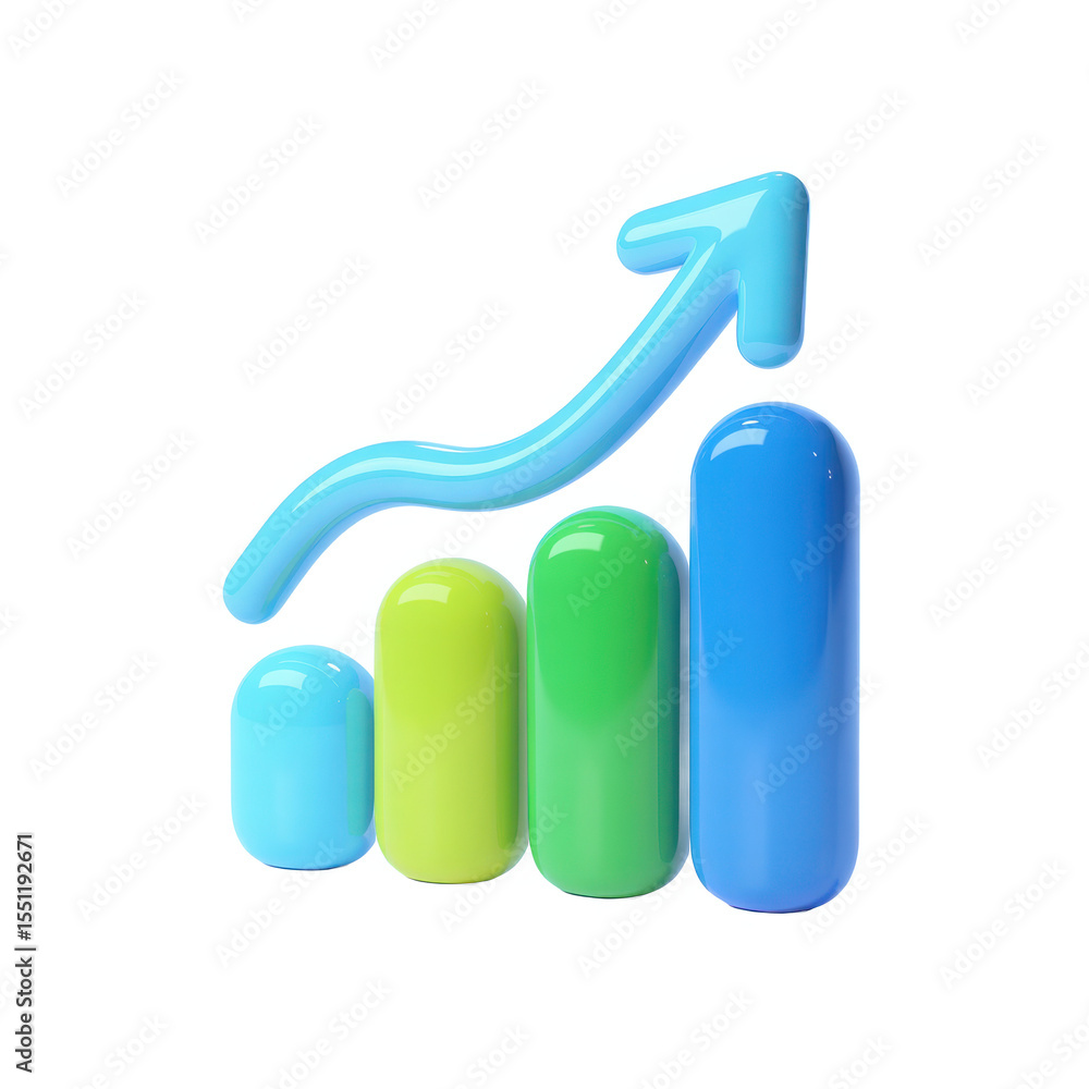 Poster stylized 3d bar graph with an upward trending arrow indicating growth and success isolated on transp