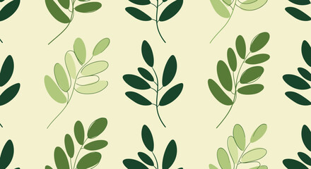 Seamless botanical pattern of green leaf branches on beige background vector art