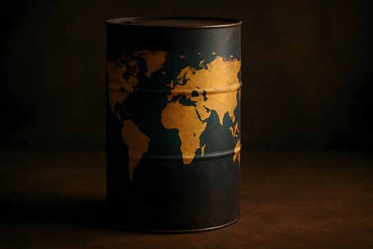 Global Oil Barrel World Map: Dark Metal Drum with Gold Continent Design