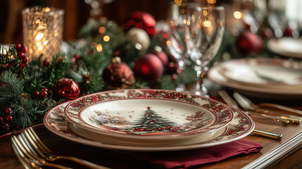 Fototapeta premium Christmas themed ceramic plates with festive tree design on elegant table setting