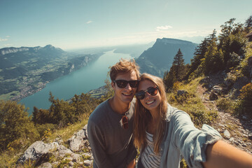 Couple Taking Selfie at Scenic Mountain Viewpoint