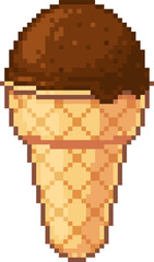 Vector pixel art illustration of waffle cone with scoop of chocolate ice cream. Isolated on white background. Stylized and colorful pixel design.