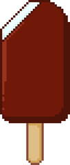 Bitten chocolate ice cream bar in pixel art style on white background. Fun and nostalgic frozen treat. Vector illustration.