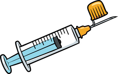 Cartoon Syringe with Blue Liquid and Detached Orange Needle Cap