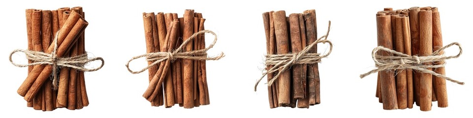 Bundles of Whole Cinnamon Sticks Tied with Natural Twine Isolated on Transparent Background