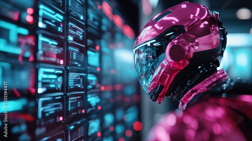 Poster a striking image of a futuristic robot in a sleek helmet, surrounded by a vibrant neon-lit environme