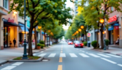 Blurred Urban Street Scene with Trees and Soft Evening Lights