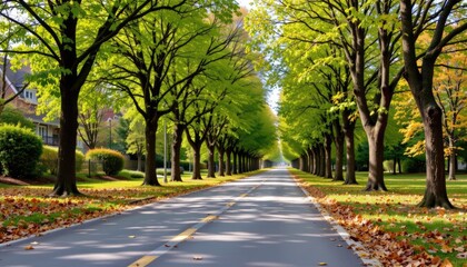 Obraz premium Serene Tree-Lined Road in Autumn with Vibrant Green Foliage