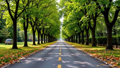 Serene Tree-Lined Roadway with Lush Green Foliage in Autumn