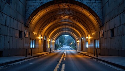 Serene Tunnel View with Warm Lights and Empty Road Leading Forward
