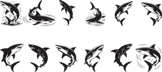 Twelve black and white shark illustrations set