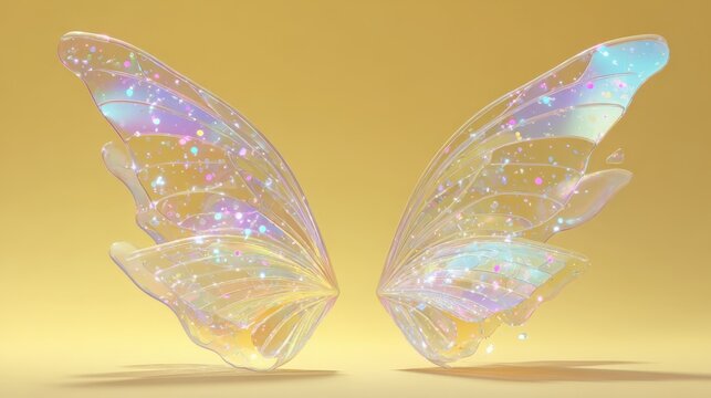 Sparkling iridescent fairy wings on a pastel yellow background Perfect for fantasy magical or ethereal designs