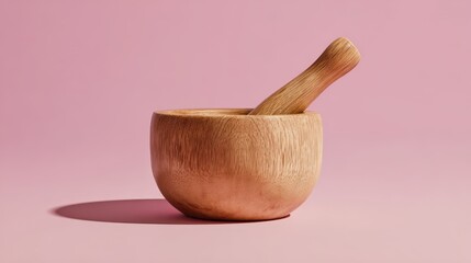 Elegant Wooden Mortar and Pestle Set on Pink Background Perfect for Culinary Spa or Wellness Concepts
