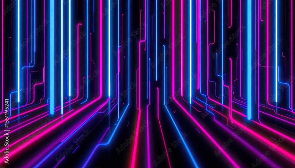 Poster vibrant neon lines creating abstract digital pathway in dark space