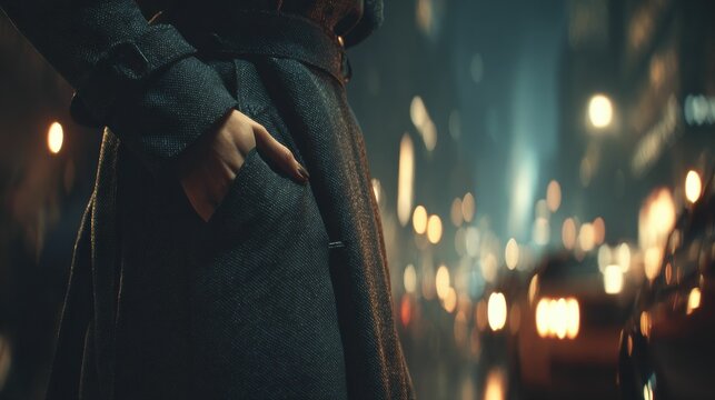 A closeup of a trench coat worn by a detective on a city street at night, conveying an air of suspense and intrigue.