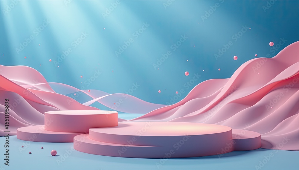 Poster abstract pink waves with circular platforms and soft lighting effects
