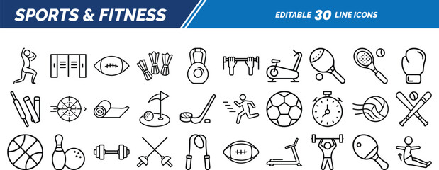 Line icons illustrating sports gear, gym workouts, training tools, fitness equipment, athletics, cardio activities, and recreational sports symbols.