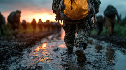 A soldier trudges through muddy terrain against a stunning sunset backdrop, symbolizing determination, resilience, and the challenges faced during military operations.