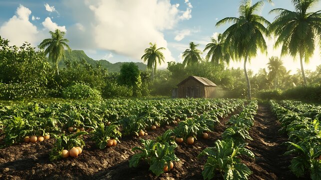 Tropical Farmland Paradise: Sunlit Crops and Palm Trees