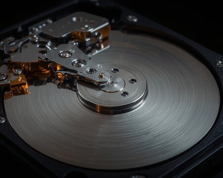 Close-up of a Hard Disk Drive's Internal Components Platter, Head, and Mechanism - Powered by Adobe