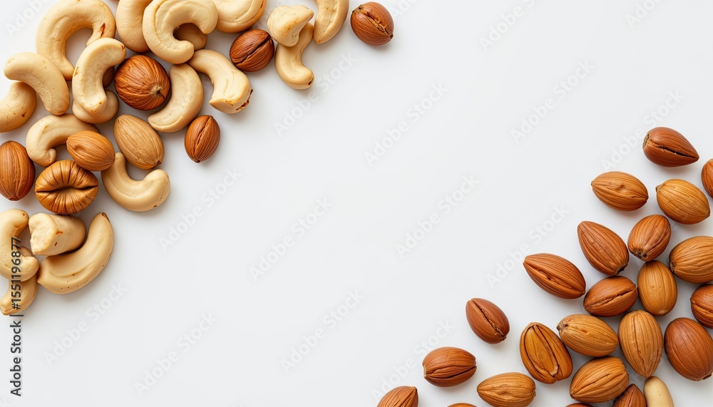 Poster assorted nuts spread on white background with copy space available
