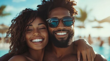 A joyful couple poses for a selfie by the sparkling pool, radiating happiness and love under bright sunlight, showcasing a carefree moment during their beach vacation.