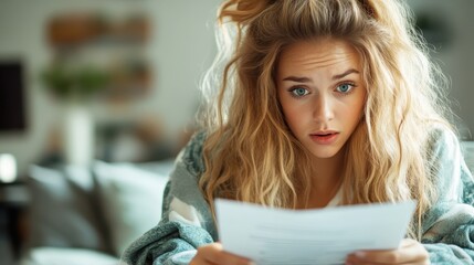 A surprised woman with tousled hair examines a document closely, reflecting a moment of tension or concern in a cozy indoor setting, emphasizing her emotional response.