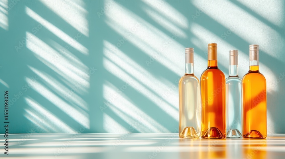 Poster an artistic arrangement of various wine bottles casting intriguing shadows against a soft blue backg