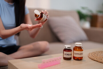 Asian young adult woman takes essential vitamins minerals for longevity daily at home. Prioritizing...