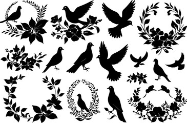 Bird Silhouette with Floral Wreaths, Flying Bird Vector Art, Dove and Leaf Silhouette Set, Floral Bird Silhouette Collection, Black Bird Clipart Design, Nature Bird Vector Pack, Decorative Bird and Br