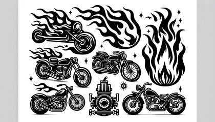 Flame silhouettes in classic 90s style, motorcycle and hot rod car style. Old school, retro tattoos. Black and white flame silhouette and outline style. Retro fire aesthetics, with flames. Vector set