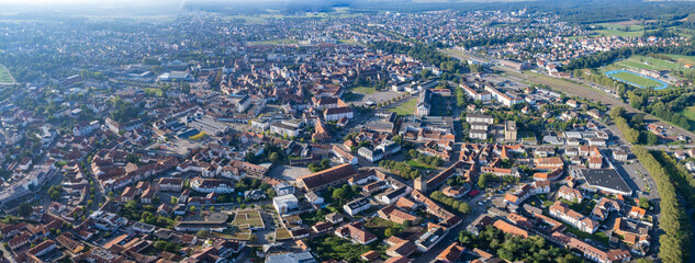 An Aerial panoramic view with pan of the old town around the city Hagenau in France on a sunny...