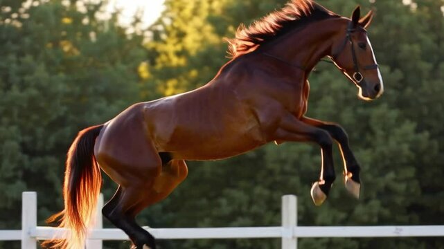 Slow motion 4K video of a majestic horse leaping over an obstacle, capturing the power and grace of its muscles in stunning, detailed motion video Background