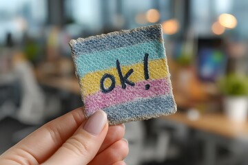 Woman’s hand with pink nails holding a rough-textured yellow sticky note that says “ok!” against a blurred colorful background. Perfect for motivational visuals, reminders, and web design.