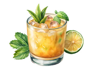 Fototapeta premium Watercolor Illustration of a Refreshing Yellow Cocktail with Ice, Mint, and Lime on Transparent Background, Watercolor Illustration on Transparent Background