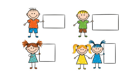 Naklejka premium Cartoon Children Holding Blank Rectangular Signs, Smiling, Colorful Outfits.