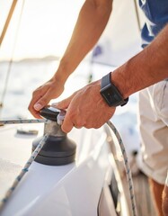 Sailor's hands in action, working a winch on a luxury yacht during a sea regatta.