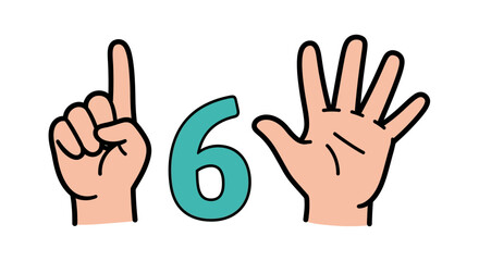 Obraz premium Cartoon Hands and Number Six Displaying Counting Concept on White Background