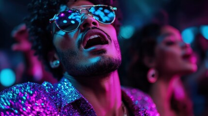 A vibrant man enjoys the nightlife in a club setting, illuminated by neon lights, exuding joy and energy with a dynamic pose, making the moment unforgettable and thrilling.
