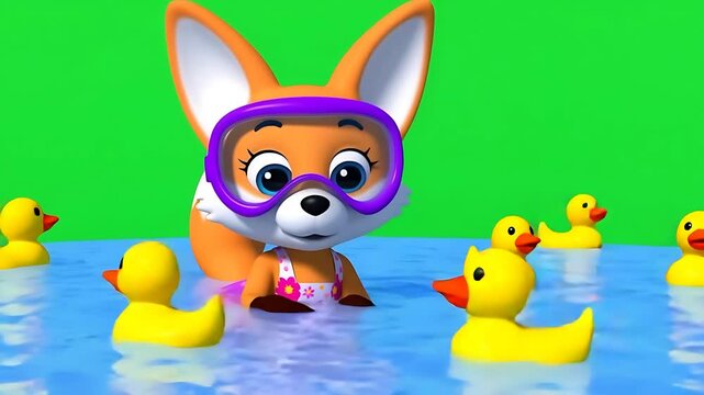 Adorable Fox Cub Playing with Rubber Ducks in a Pool