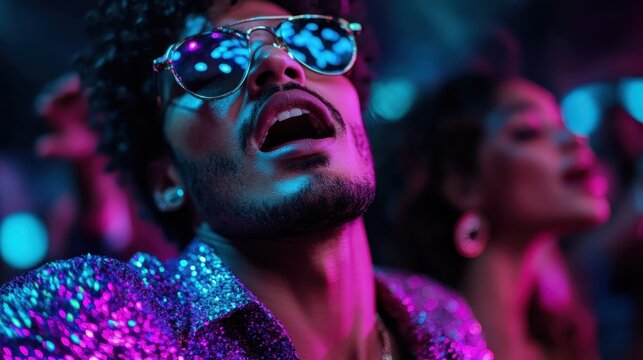 A vibrant man enjoys the nightlife in a club setting, illuminated by neon lights, exuding joy and energy with a dynamic pose, making the moment unforgettable and thrilling. - Powered by Adobe