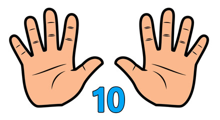 Cartoon Hands Showing Number Ten with Fingers Extended on White Background