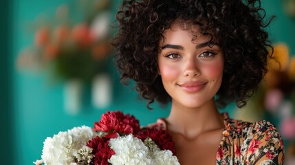 Naklejka premium A cheerful young woman with curly hair holds vibrant bouquets of flowers, showcasing her joy and connection with nature, creating a refreshing and inviting atmosphere in the image.