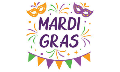 Mardi gras celebration with festive masks colorful confetti and bunting flags in purple green and orange on a white background