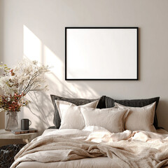 Beige Bedroom Mockup Black Frame Empty Canvas Wall