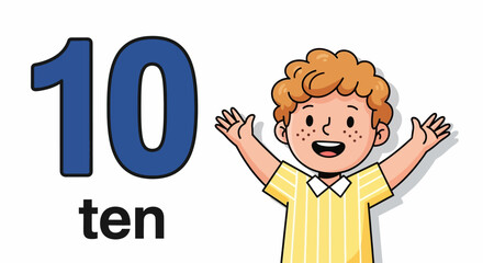 Cartoon Number Ten with Boy Illustration, Blue Numeral and Text, Cheerful Child
